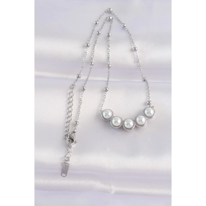 Dodes Dodes 316L Çelik Zincir Gümüş Renk Sıralı İnci Taşlı Kolye TG27BKO8654