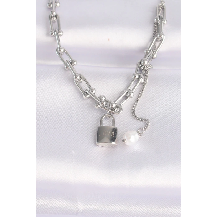 Dodes Dodes 316L Çelik Zincir Gümüş Renk Zincirli Love Yazılı Kilit Kolye TG27BKO8633