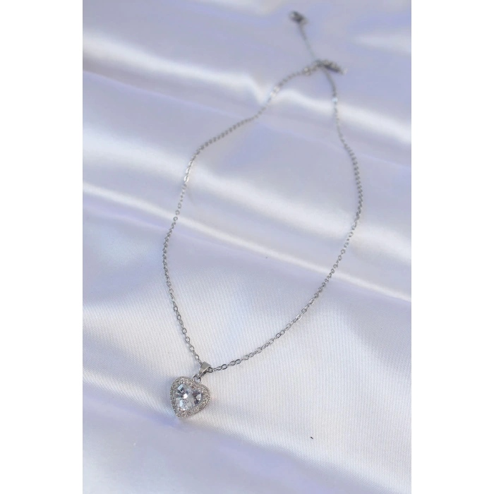 Dodes Dodes 316L Çelik Zincir Gümüş Renk Zirkon Taşlı Charm Kalp Kolye TG27BKO8744