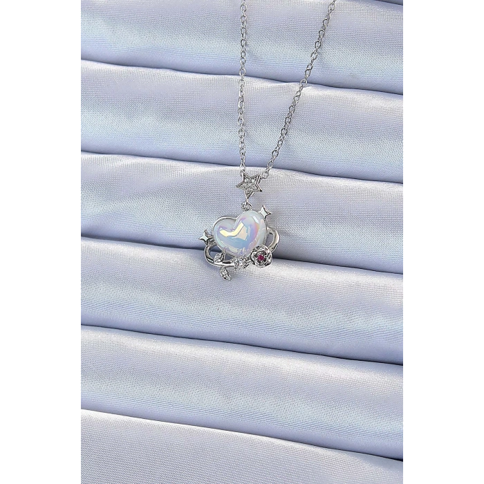 Dodes Dodes 316L Çelik Zincir Gümüş Renk Zirkon Taşlı Gezegen Görünümlü Kalp Kolye TG27BKO9218