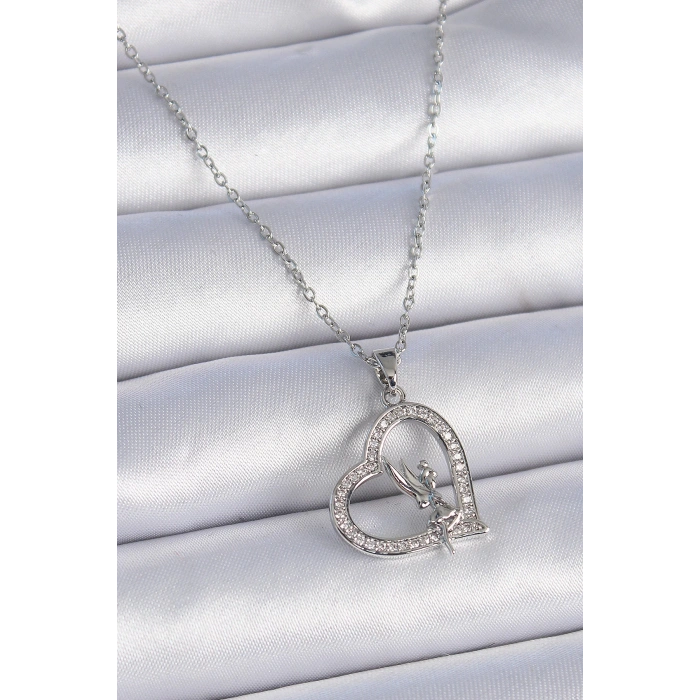 Dodes Dodes 316L Çelik Zincir Gümüş Renk Zirkon Taşlı Kalp Model Melek Detay Kadın Kolye TG27BKO9357