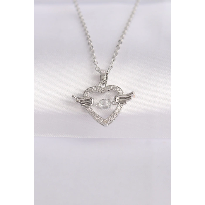 Dodes Dodes 316L Çelik Zincir Gümüş Renk Zirkon Taşlı Kanatlı Kalp Kolye TG27BKO8627