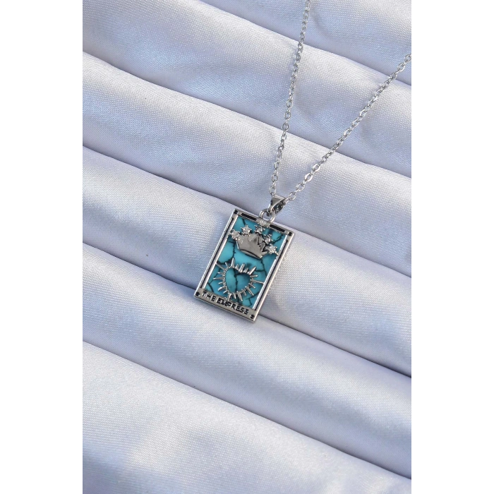 Dodes Dodes 316L Çelik Zincir Gümüş Renk Zirkon Taşlı Mavi Mermer Desenli Taç Model Tarot Kolye TG27BKO9244