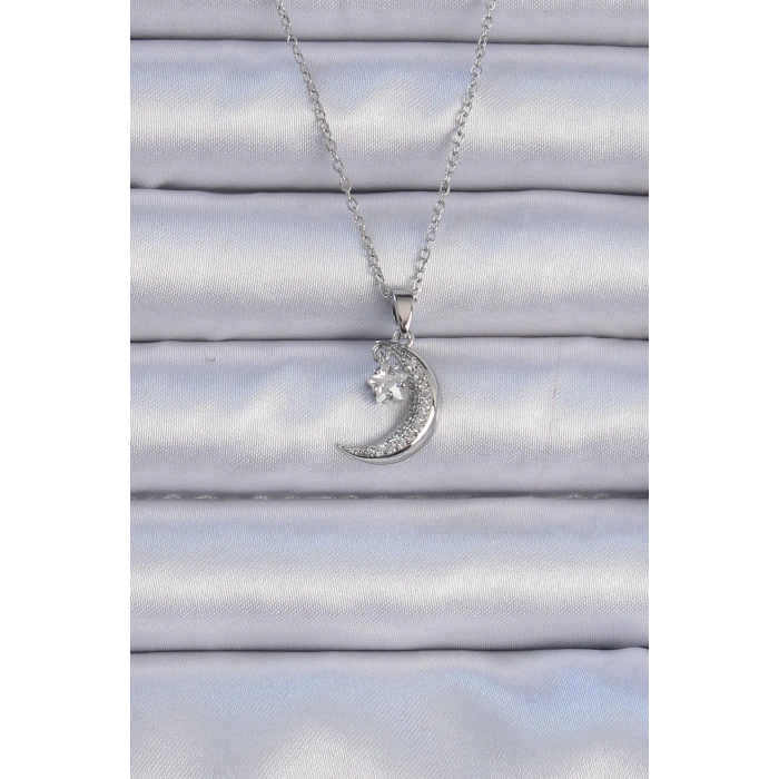 Dodes Dodes 316L Çelik Zincir Gümüş Renk Zirkon Taşlı Sallantılı Ay Yıldız Kolye TG27BKO9062