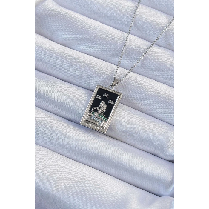 Dodes Dodes 316L Çelik Zincir Gümüş Renk Zirkon Taşlı Siyah Mineli Kız Figürlü Tarot Kolye TG27BKO9228
