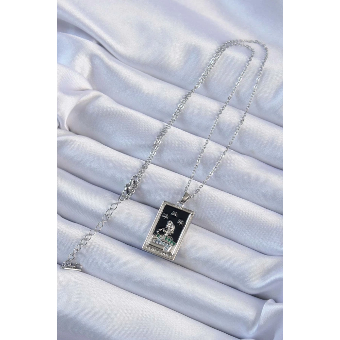 Dodes Dodes 316L Çelik Zincir Gümüş Renk Zirkon Taşlı Siyah Mineli Kız Figürlü Tarot Kolye TG27BKO9228