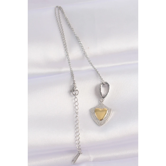 Dodes Dodes 316L Çelik Zincir Gümüş Renk Zirkon Taşlı Tasarım Altın Renk Kalp Kolye TG27BKO8661