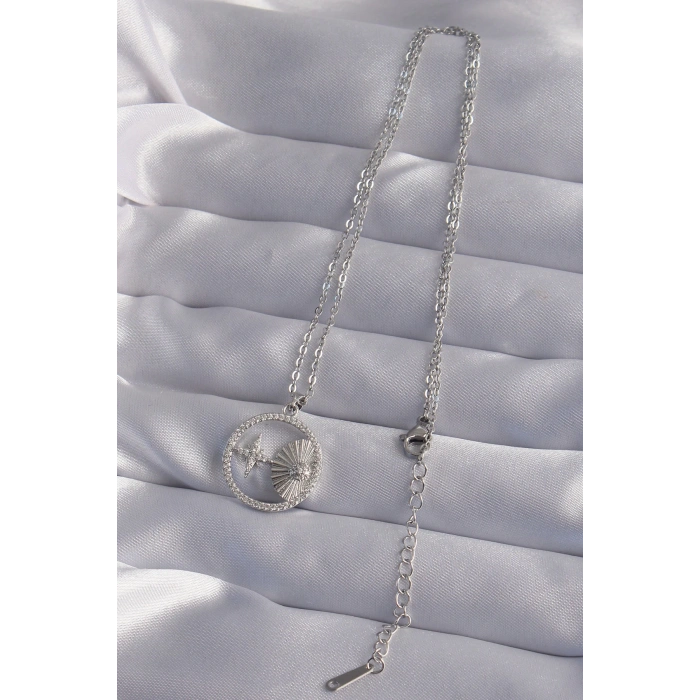 Dodes Dodes 316L Çelik Zincir Gümüş Renk Zirkon Taşlı Yıldız Figürlü Oval Kolye TG27BKO9024