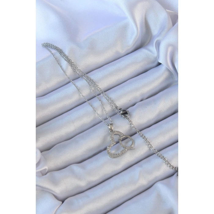 Dodes Dodes 316L Çelik Zincir Gümüş Renk Zirkon Taşlı Yüzüklü Kalp Kolye TG27BKO9146