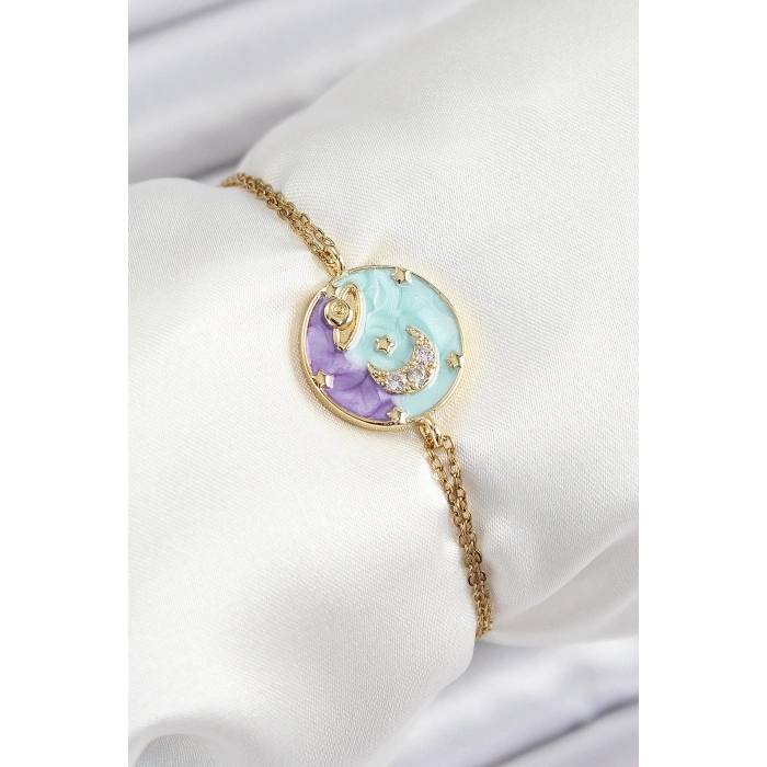 Dodes Dodes 316L Çelik Zincir Mineli Sanatsal Portre Zirkon Taşlı Gezegen Model Gold Renk Kadın Bileklik TG27BB7234