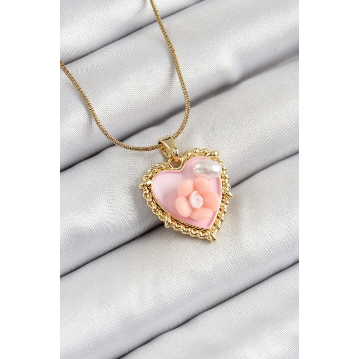 Dodes Dodes 316L Çelik Zincir Pembe Sanatsal Portre İnci Detaylı Papatya Figürlü Kalp Model Gold Renk Kadın Kolye TG27BKO10271