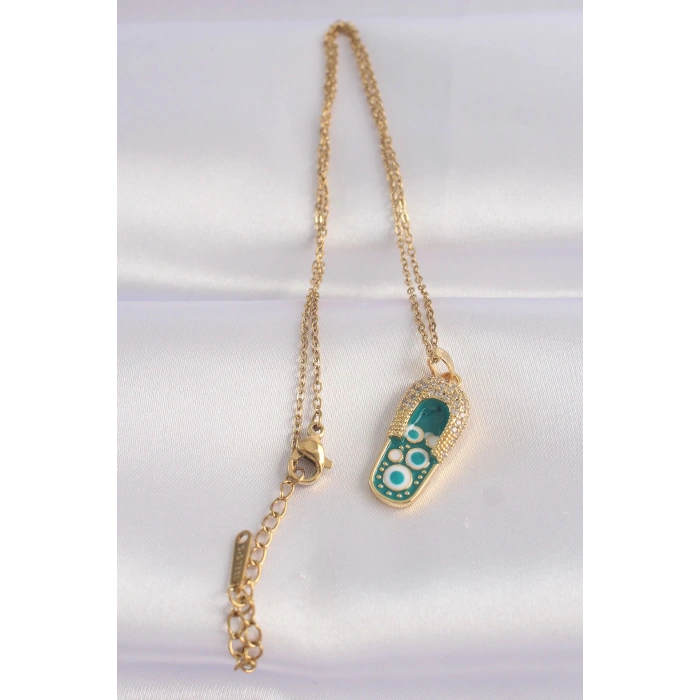 Dodes Dodes 316L Çelik Zincir Zirkon Taşlı Altın Renk Nazarlı Terlik Tasarımlı Kolye TG27BKO8664