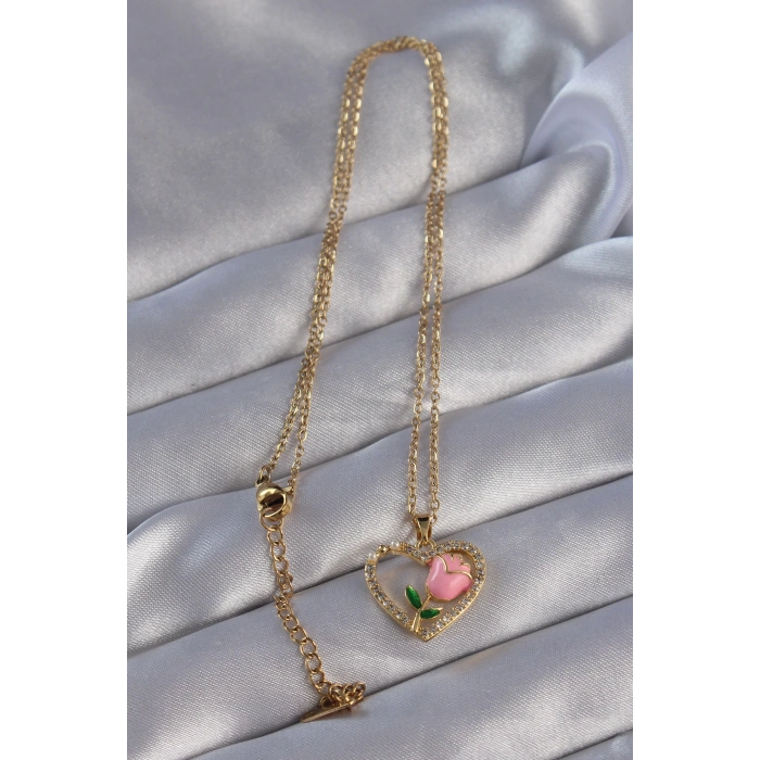 Dodes Dodes 316L Çelik Zincirli Gold Renk Zirkon Taşlı Kalp İçinde Pembe Gül Tasarımlı Kolye TG27BKO8864