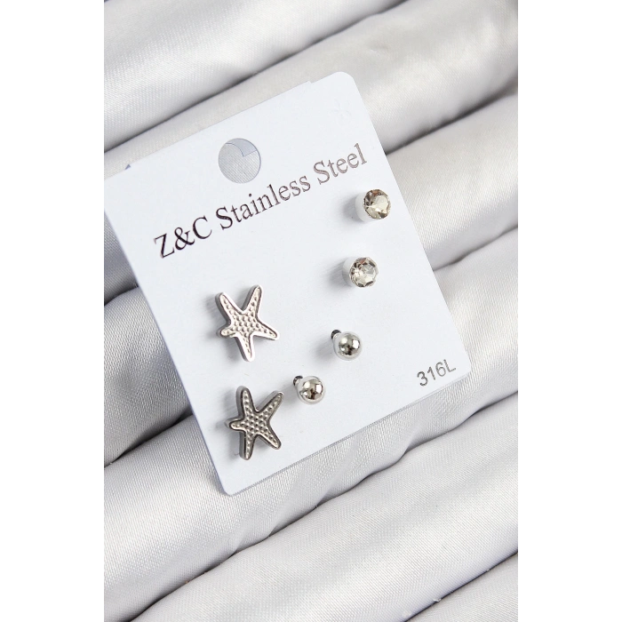 Dodes Dodes 316L Çelik Zirkon Taşlı Deniz Yıldızı Model Gümüş Renk Kadın Set Küpe TG27BKP11120