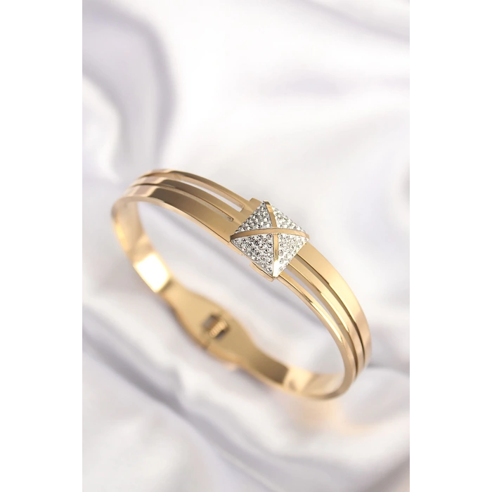 Dodes Dodes 316L Çelik Zirkon Taşlı Gold Renk Kadın Kelepçe Bilezik TG27BB6024