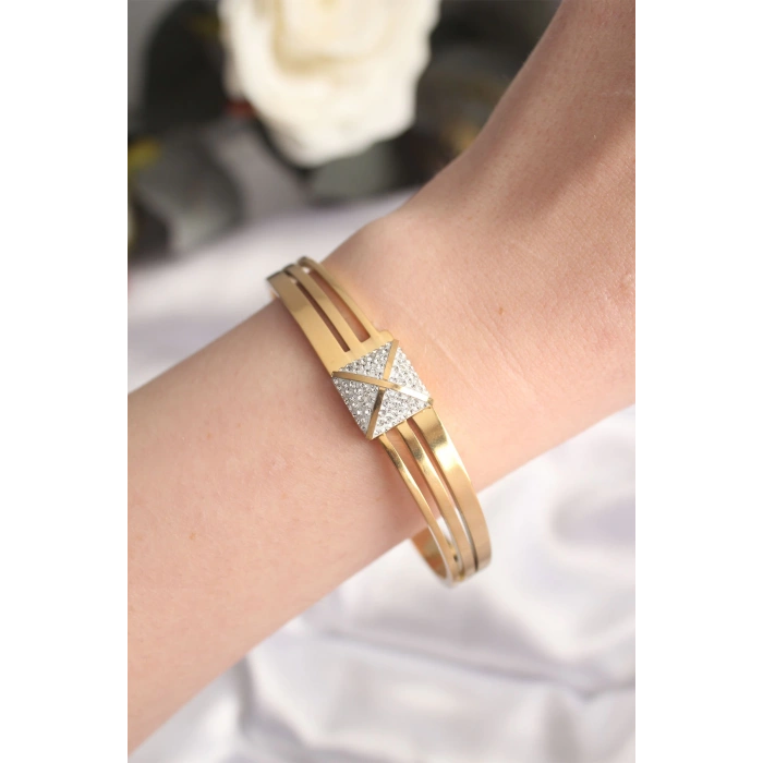 Dodes Dodes 316L Çelik Zirkon Taşlı Gold Renk Kadın Kelepçe Bilezik TG27BB6024