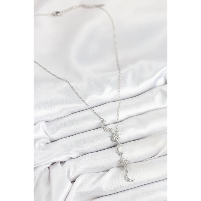 Dodes Dodes 316L Çelik Zirkon Taşlı Güneş Ve Ay Model Gümüş Renk Kadın Kolye TG27BKO10549