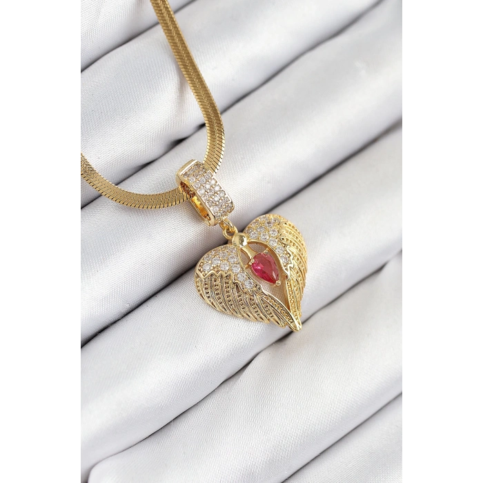 Dodes Dodes 316L Çelik Zirkon Taşlı Kanatlı Kalp Model Gold Renk Kadın Kolye TG27BKO10533