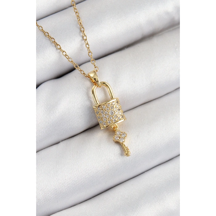 Dodes Dodes 316L Çelik Zirkon Taşlı Kilit Ve Sallantılı Anahtar Model Gold Renk Kadın Kolye TG27BKO10353