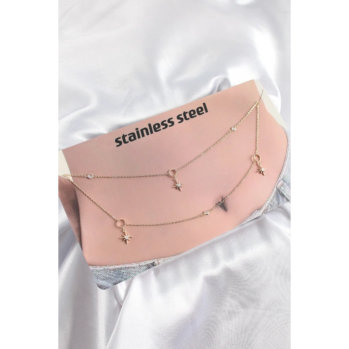Dodes Dodes 316L Çelik Zirkon Taşlı Kutup Yıldızı Model Gold Renk Göbek Bel Zinciri TG27BKGZ10344