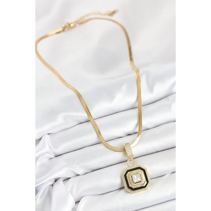 Dodes Dodes 316L Çelik Zirkon Taşlı Siyah Detaylı Baget Model Gold Renk Kadın Kolye TG27BKO10529