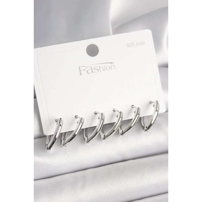 Dodes Dodes 925 Ayar Gümüş Çivi Pirinç Gümüş Renk Üçgen Model Kadın Küpe Seti TG27BKP10414