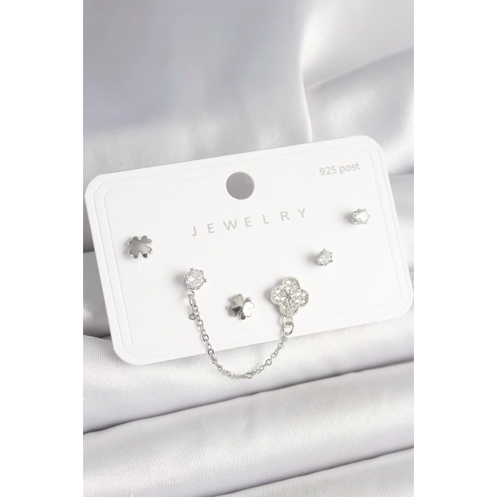 Dodes Dodes 925 Ayar Gümüş Çivi Pirinç Gümüş Renk Zirkon Taşlı Yonca Model Sallantı Zincir Detay Kadın Küpe Seti TG27BKP10400