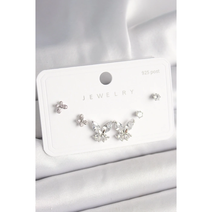 Dodes Dodes 925 Ayar Gümüş Çivi Pirinç Zirkon Taşlı Kelebek Model Kadın Küpe Seti TG27BKP10402