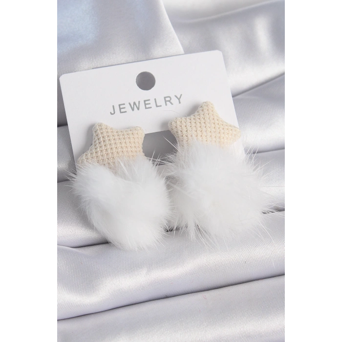 Dodes Dodes Beyaz Renk Tüylü Yıldız Ponpon Model Kadın Küpe TG27BKP9557