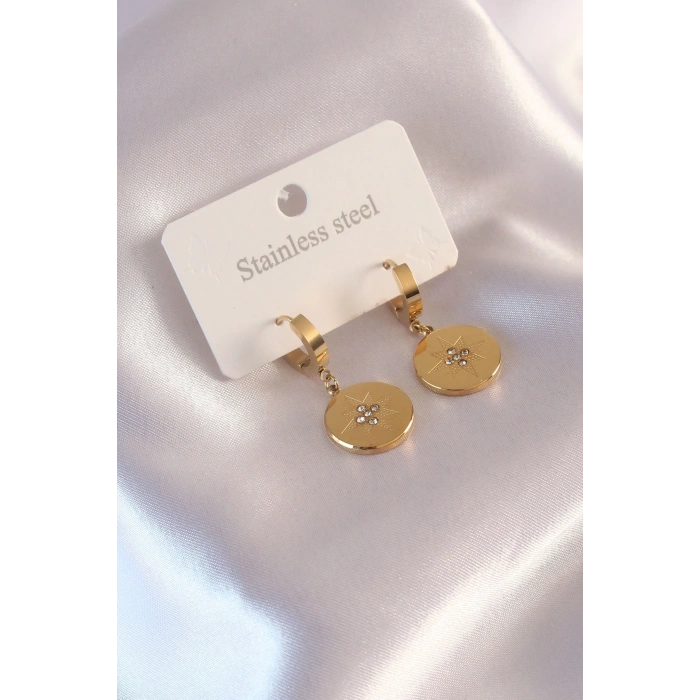 Dodes Dodes Çelik Gold Renk Kutup Yıldızı İşleme Zirkon Taşlı Kadın Küpe TG27BKP6961