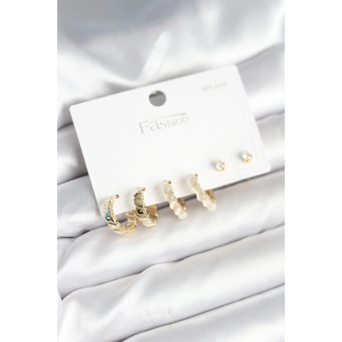 Dodes Dodes Gold Renk Pirinç Halka 925 Ayar Gümüş Çivili Kadın Küpe Seti TG27BKP11272