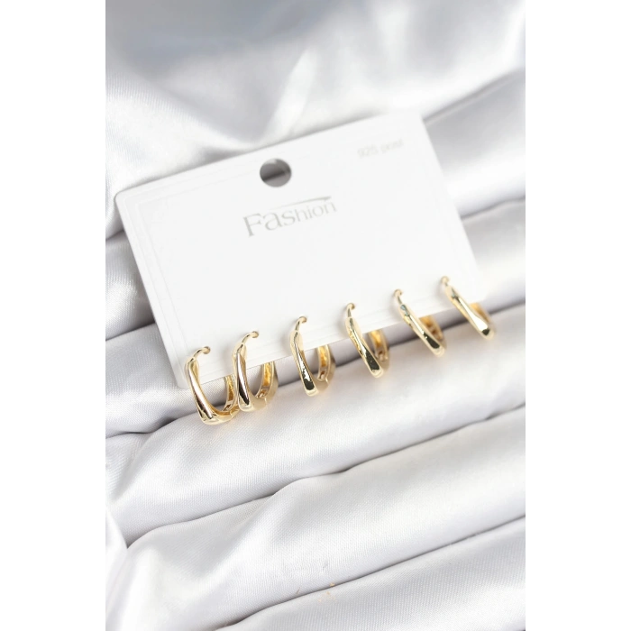 Dodes Dodes Gold Renk Pirinç Kare Halka Model 925 Ayar Gümüş Çivili Kadın Küpe Seti TG27BKP11266