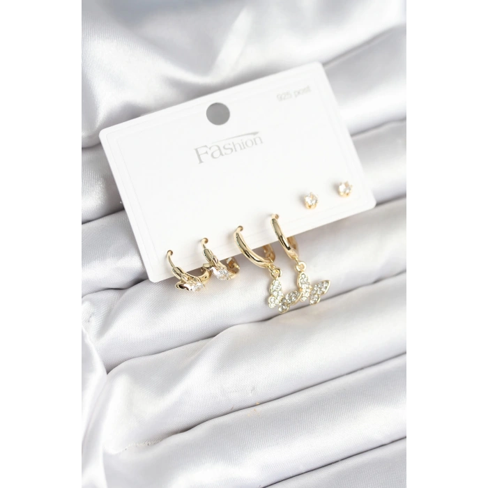 Dodes Dodes Gold Renk Pirinç Kelebek Model 925 Ayar Gümüş Çivili Kadın Küpe Seti TG27BKP11273