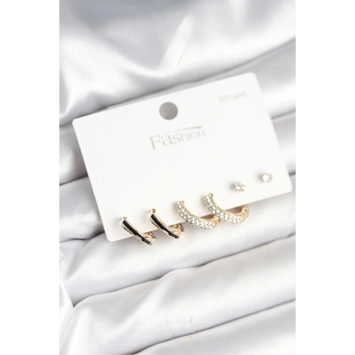 Dodes Dodes Gold Renk Pirinç Zirkon Taşlı 925 Ayar Gümüş Çivili Kadın Küpe Seti TG27BKP11270