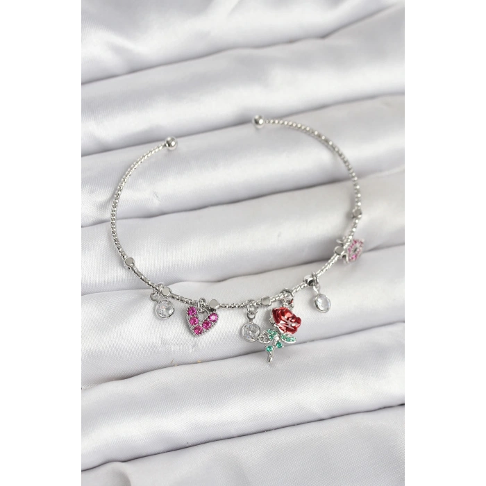 Dodes Dodes Gül Charmlı Gümüş Renk Pirinç Kadın Bileklik TG27BB8044