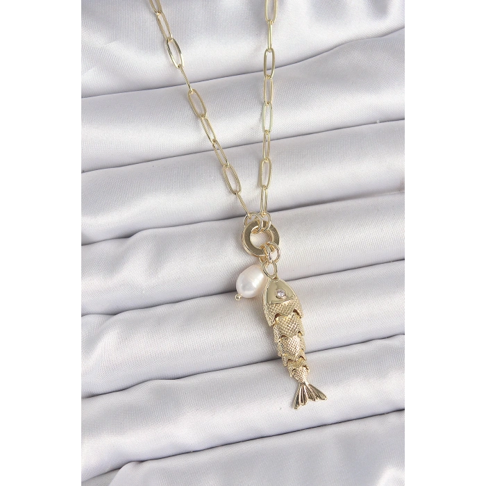 Dodes Dodes İnci Detaylı Zirkon Taşlı Balık Figürlü Gold Renk Pirinç Kolye TG27BKO10214