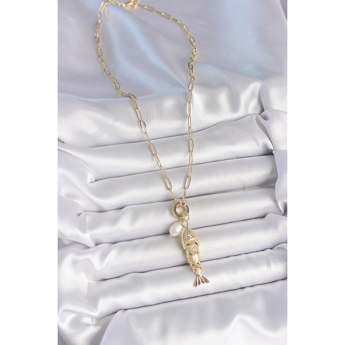 Dodes Dodes İnci Detaylı Zirkon Taşlı Balık Figürlü Gold Renk Pirinç Kolye TG27BKO10214