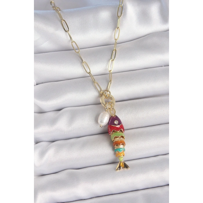 Dodes Dodes İnci Detaylı Zirkon Taşlı Rainbow Balık Figürlü Gold Renk Pirinç Kolye TG27BKO10215