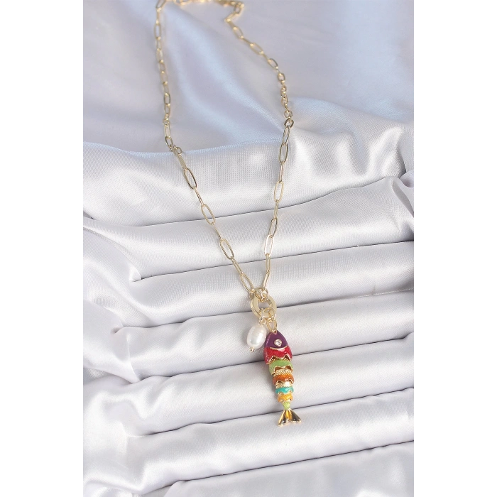 Dodes Dodes İnci Detaylı Zirkon Taşlı Rainbow Balık Figürlü Gold Renk Pirinç Kolye TG27BKO10215