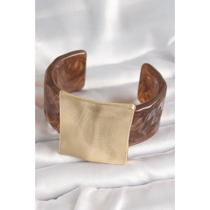 Dodes Dodes Kahverengi Mermer Desen Akrilik Plastik Gold Kare Plaka Model Vintage Kadın Bilezik TG27BB6682