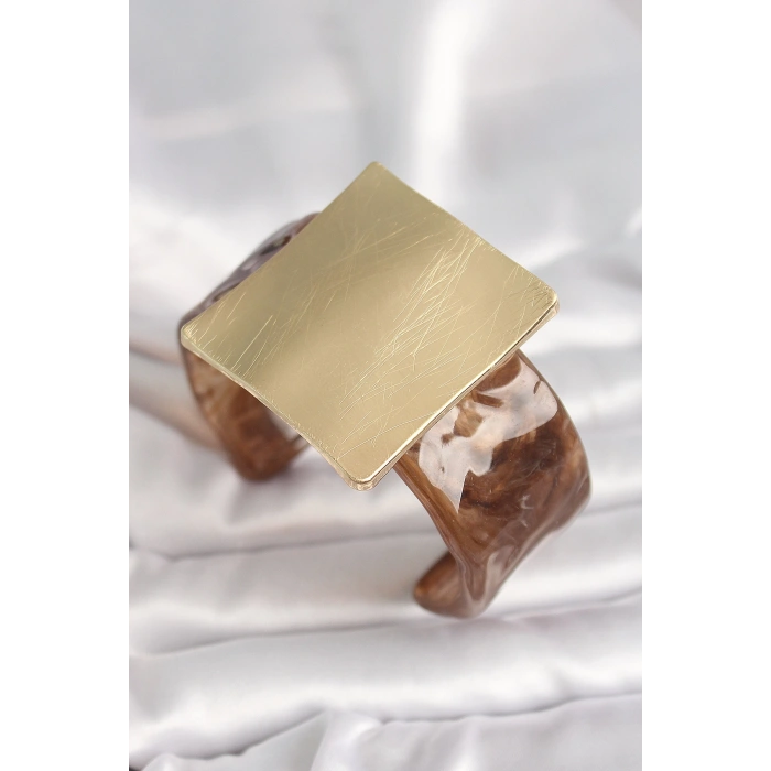 Dodes Dodes Kahverengi Mermer Desen Akrilik Plastik Gold Kare Plaka Model Vintage Kadın Bilezik TG27BB6682