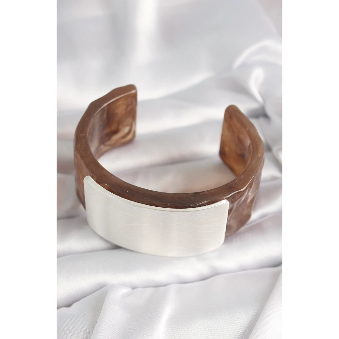 Dodes Dodes Kahverengi Mermer Desen Akrilik Plastik Gümüş Dikdörtgen Plaka Vintage Kadın Bilezik TG27BB6676