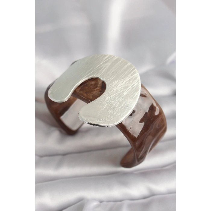 Dodes Dodes Kahverengi Mermer Desen Akrilik Plastik Gümüş Plaka Model Vintage Kadın Bilezik TG27BB6670