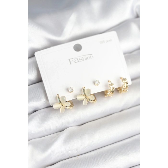 Dodes Dodes Kelebek Model Gold Renk Pirinç 925 Ayar Gümüş Çivili Kadın Küpe Seti TG27BKP11271