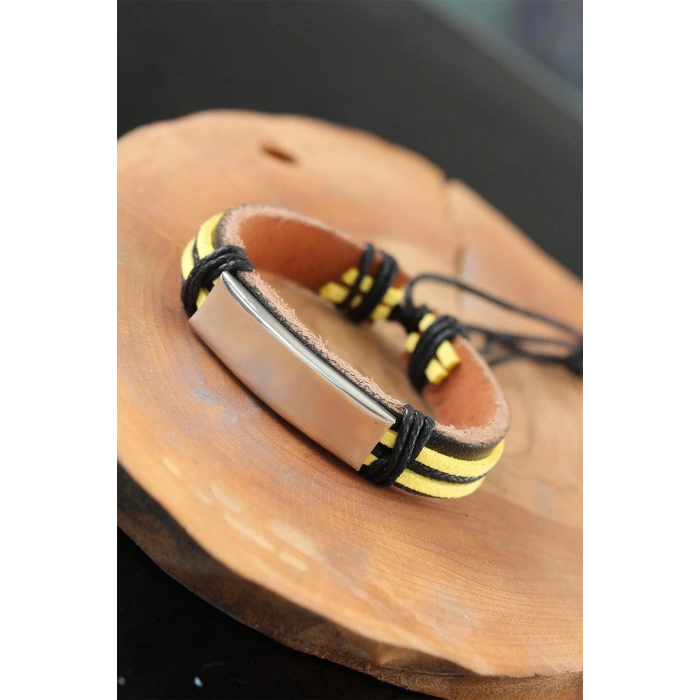 Dodes Dodes Metal Aksesuarlı Sarı Siyah Renk Deri Erkek Bileklik TG27EB2531-KS