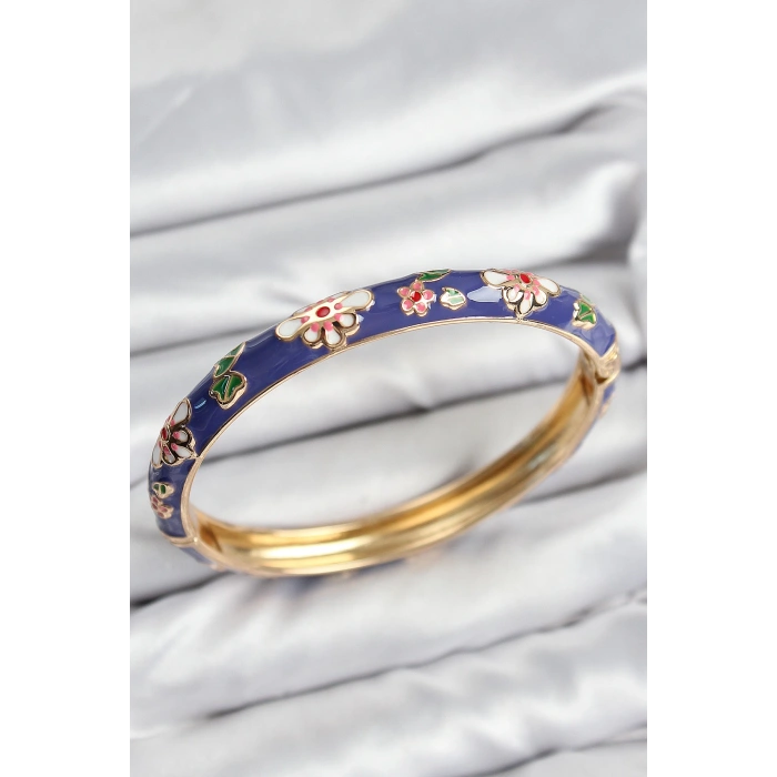 Dodes Dodes Mineli Pirinç Mor Çiçek Motifli Gold Kadın Kelepçe TG27BB7620