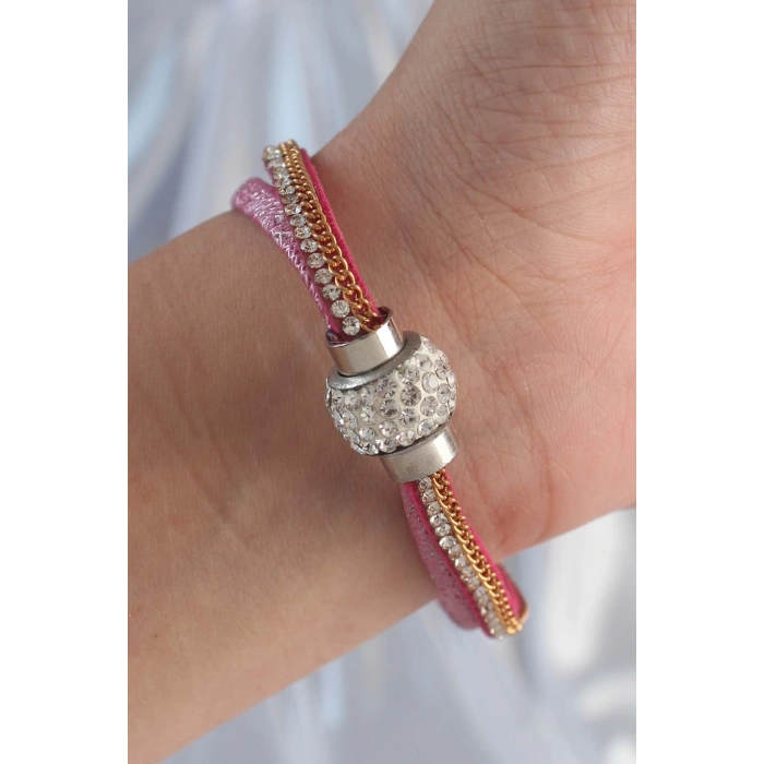 Dodes Dodes Pembe Renk Zirkon Taşlı Püskül Detay Deri Çoklu Bileklik TG27BB6343