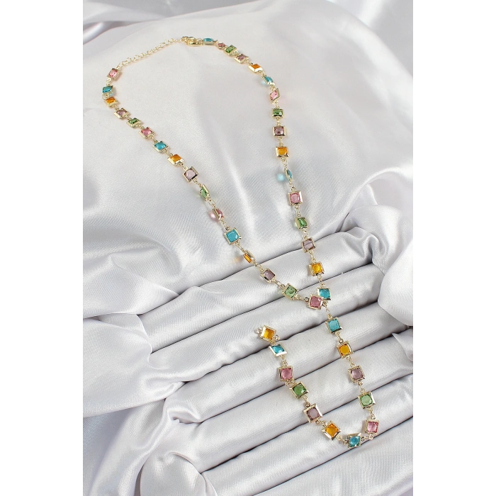 Dodes Dodes Pirinç Asorti Kare Model Gold Renk Zirkon Taşlı Y Kolye TG27BKO10253