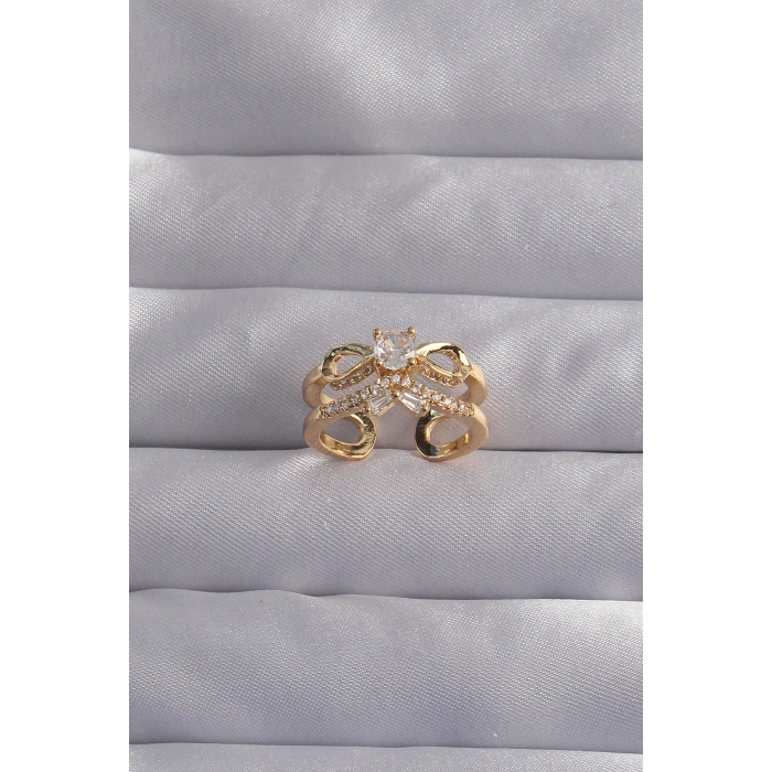 Dodes Dodes Pirinç Ayarlamalı Gold Renk Zirkon Taşlı 2li Görünüm Fiyonk Yüzük TG27BYK3287