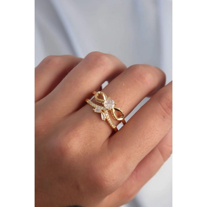 Dodes Dodes Pirinç Ayarlamalı Gold Renk Zirkon Taşlı 2li Görünüm Fiyonk Yüzük TG27BYK3287